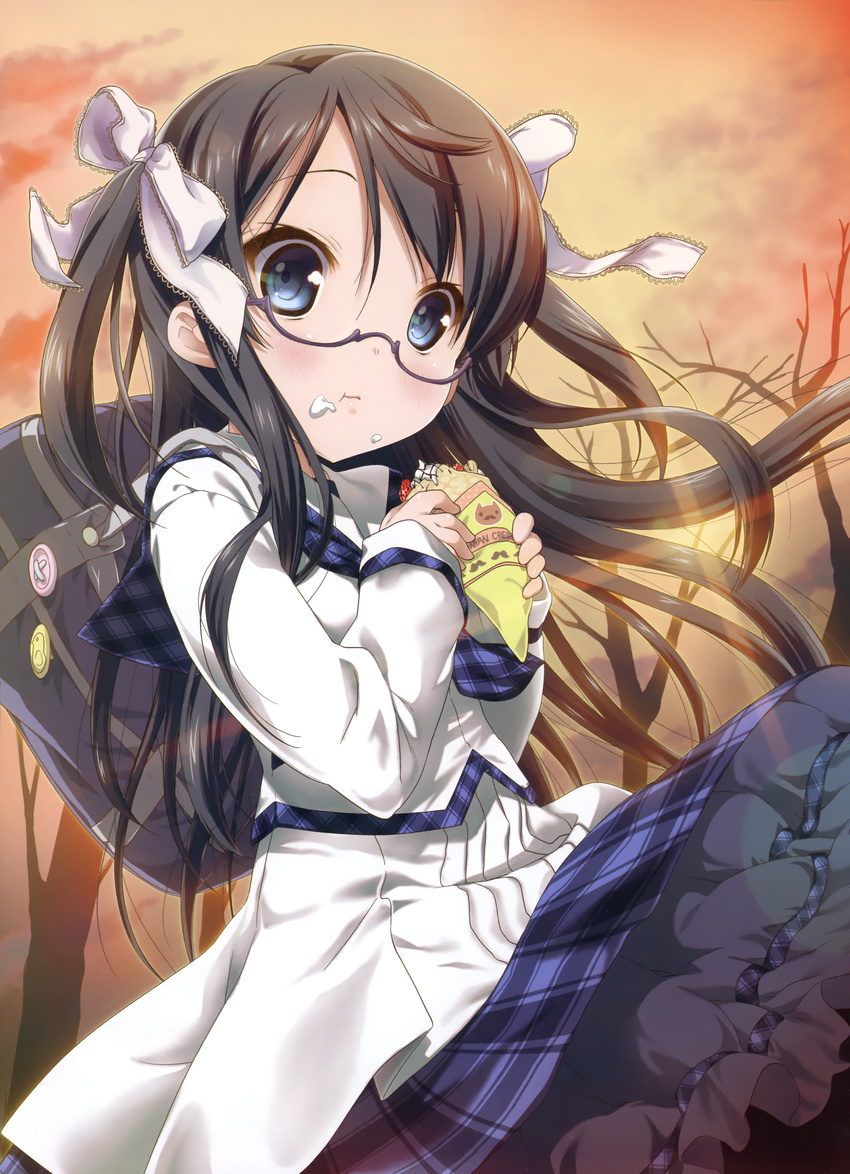 1girl :t absurdres backpack bag black_hair blue_eyes blush cream crepe eating food food_on_face fruit glasses hair_ribbon half_rim_glasses highres long_hair nanase_meruchi original plaid purple-framed_glasses randoseru ribbon school_uniform semi-rimless_glasses skirt sky solo strawberry tree twintails two_side_up under-rim_glasses