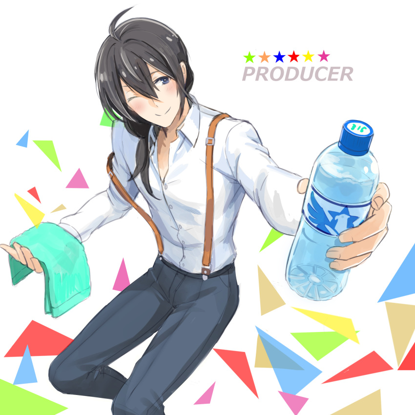 1boy ;) blush bottle brown_hair character_name dress_shirt highres holding idolmaster idolmaster_side-m long_sleeves maji_(eau-fumeuse0207) off_shoulder one_eye_closed outstretched_arm ponytail producer_(idolmaster_side-m_anime) shirt smile solo star suspenders towel water water_bottle white_shirt