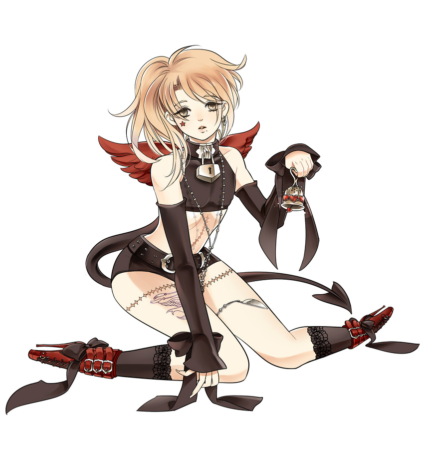 1boy ballet_boots ballet_heels beauty_mark benio blonde_hair detached_sleeves full_body high_heels highres lipstick makeup male male_focus mikansom mole navel open_mouth ribbon scar shoes side_ponytail simple_background sitting solo tattoo trap wings yellow_eyes zone-00