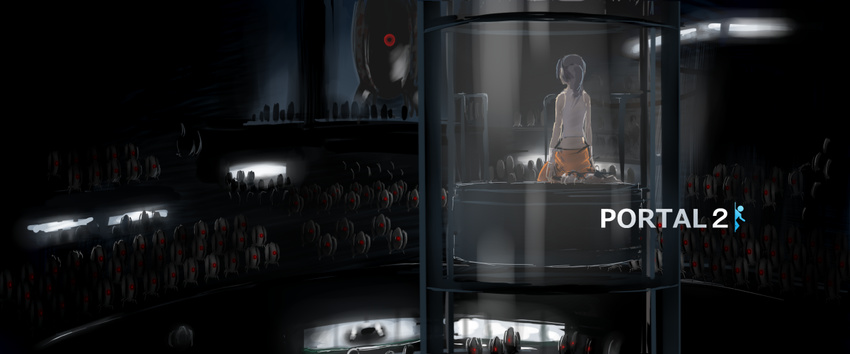 animal_king_turret bad_id bad_pixiv_id bare_shoulders black_hair chell elevator jumpsuit kuruuya long_hair ponytail portal portal_(series) portal_2 seiza sitting size_difference solo spoilers turret_(portal)