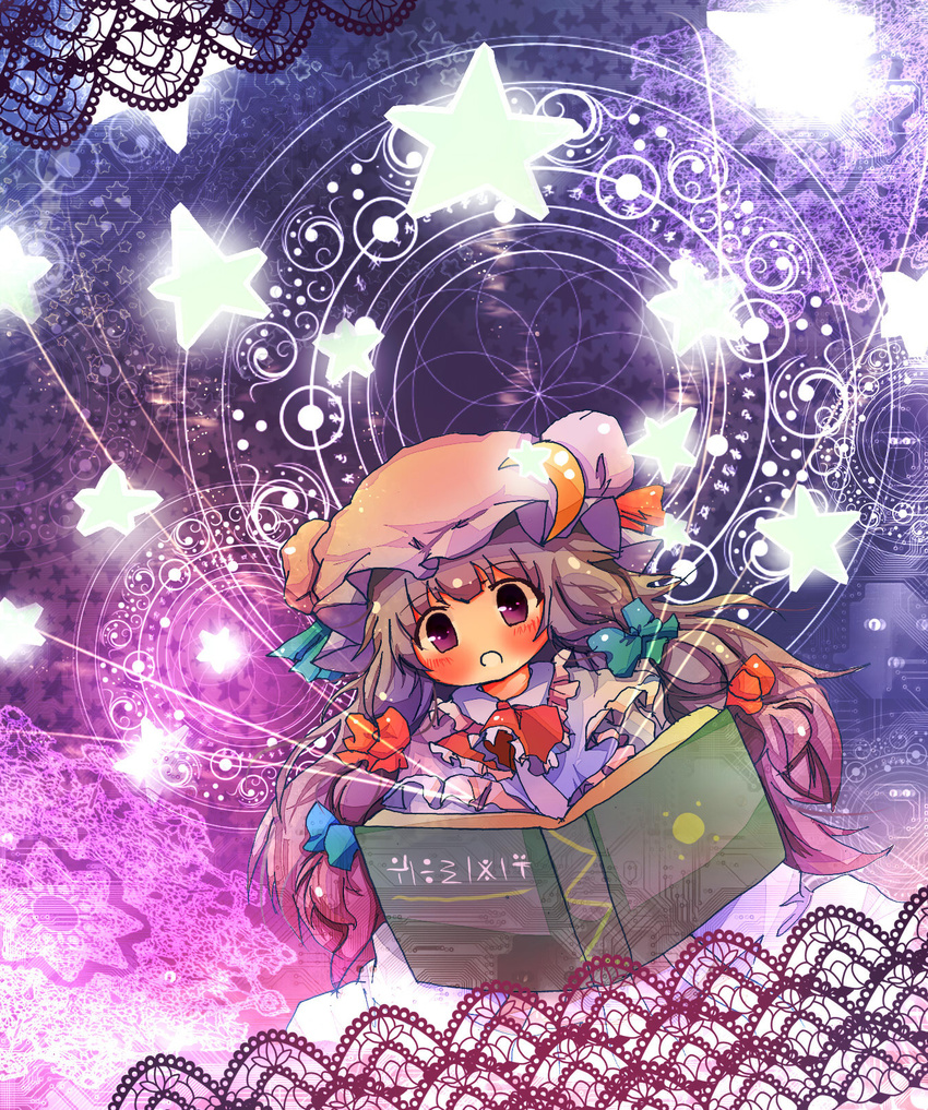 bad_id bad_pixiv_id blush book bow crescent hair_bow highres long_hair nanahamu open_mouth patchouli_knowledge purple_eyes purple_hair ribbon solo star touhou