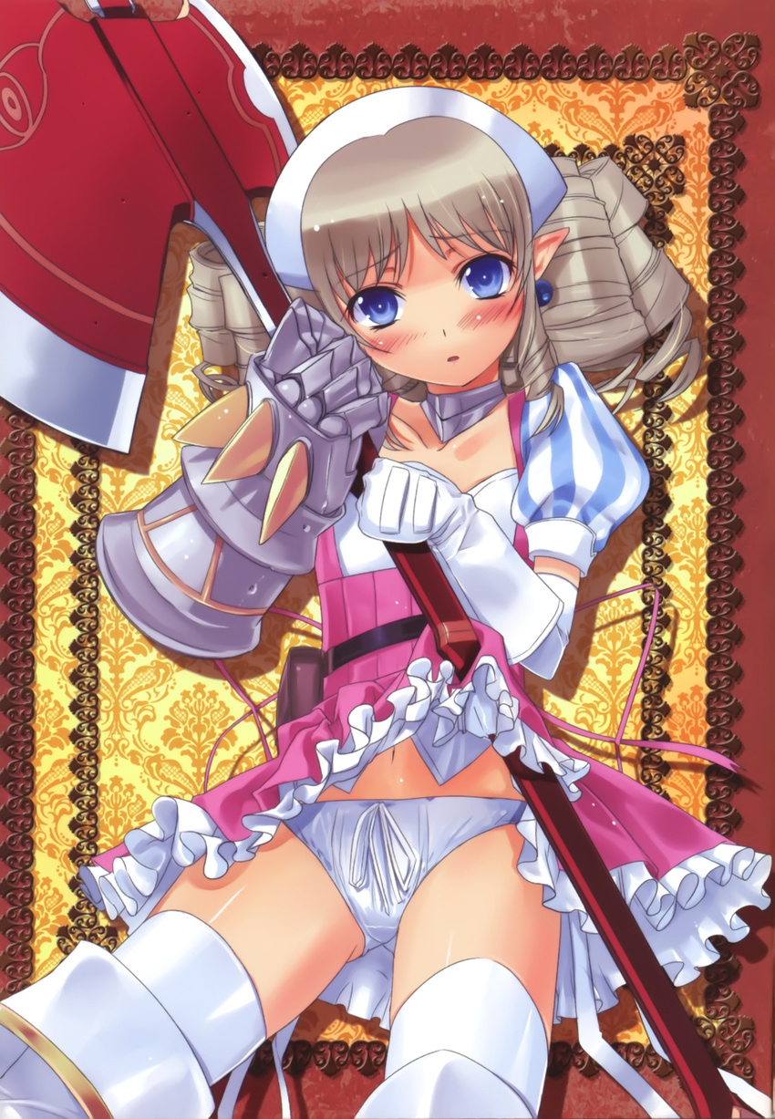 absurdres armor armored_dress artist_request axe blue_eyes blush boots brown_hair collarbone drill_hair dwarf earrings elbow_gloves flat_chest frills gauntlets gloves halberd headdress highres jewelry navel panties pantyshot pointy_ears polearm queen's_blade skirt skirt_lift solo thigh_boots thighhighs underwear weapon white_legwear white_panties ymir_(queen's_blade)