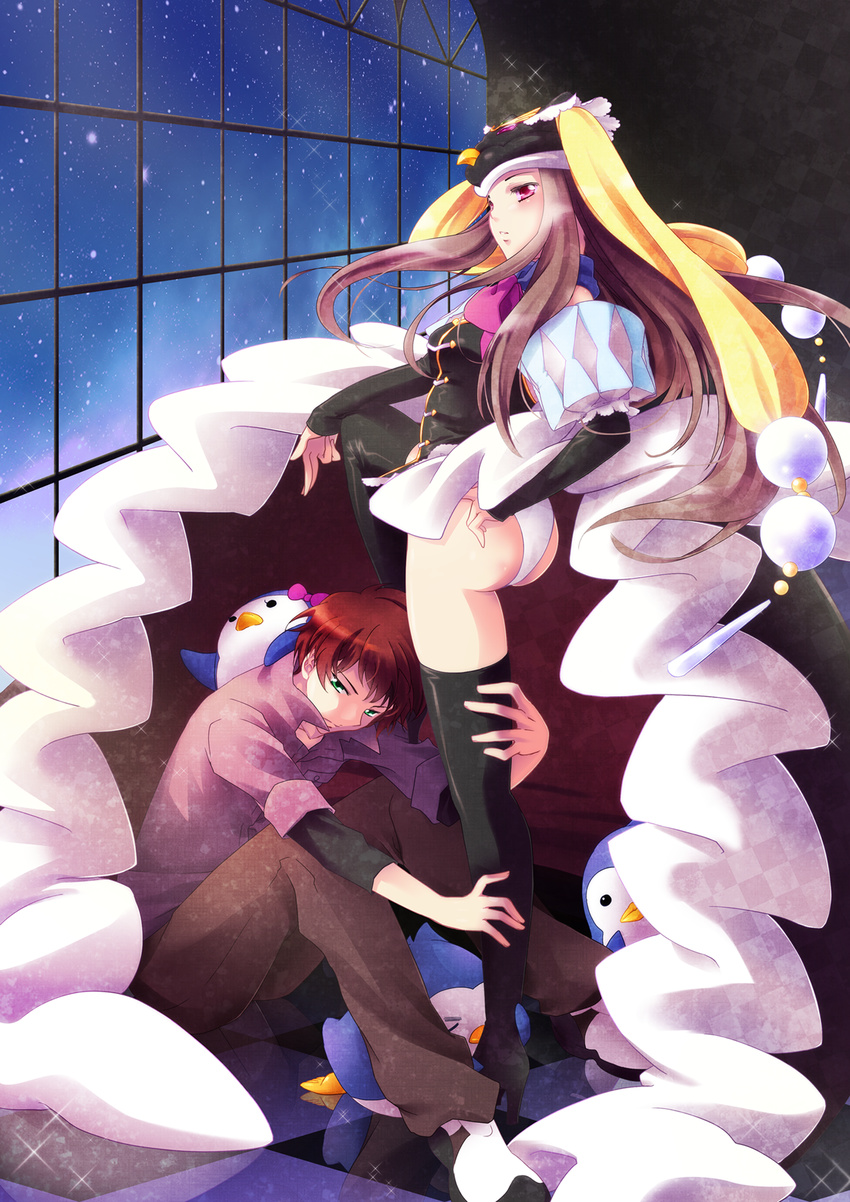 1girl animal_hat ass bad_id bad_pixiv_id bird black_legwear boots brown_hair green_eyes hat highres long_hair long_legs mawaru_penguindrum miyako910724 night penguin penguin_1-gou penguin_2-gou penguin_3-gou princess_of_the_crystal red_eyes red_hair short_hair takakura_himari takakura_kanba thigh_boots thighhighs