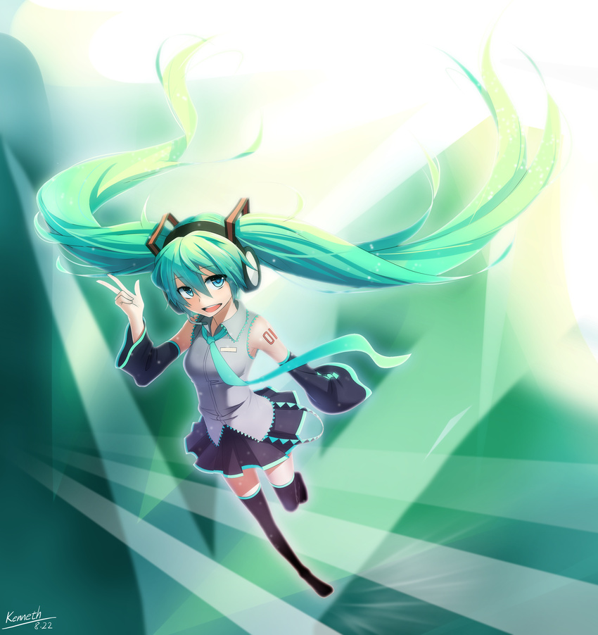 absurdres aqua_eyes aqua_hair bad_id bad_pixiv_id detached_sleeves hair_ribbon hatsune_miku highres kenneth_(qq) long_hair necktie pleated_skirt ribbon signature skirt solo standing standing_on_one_leg thighhighs twintails v very_long_hair vocaloid zettai_ryouiki