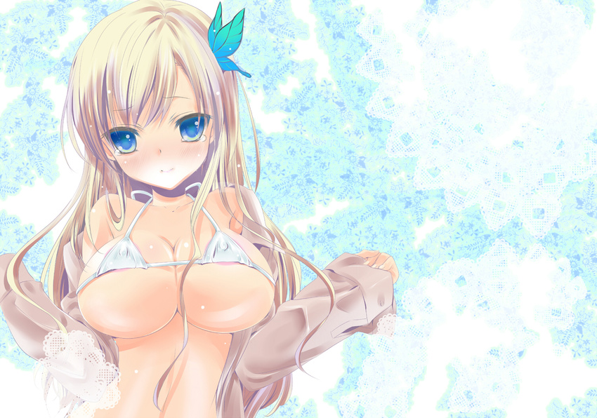 aqua_background areola_slip areolae bangs bare_shoulders bikini bikini_top bikini_under_clothes blonde_hair blue_eyes blush boku_wa_tomodachi_ga_sukunai breasts butterfly_hair_ornament buttons cleavage clenched_hand covered_nipples dress_shirt gradient hair_ornament kashiwazaki_sena lace lace_background large_breasts long_hair long_sleeves looking_at_viewer micro_bikini midriff navel off_shoulder open_clothes open_shirt parted_bangs school_uniform shirt sleeves_past_wrists slender_waist smile solo st._chronica_academy_uniform strap_gap string_bikini swimsuit swimsuit_under_clothes tears umetori_uriri underboob undressing upper_body very_long_hair white_bikini wide_hips