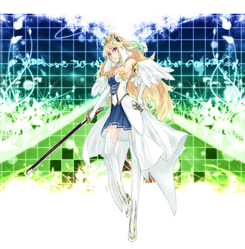 alternate_costume ar_tonelico ar_tonelico_ii armpits bare_shoulders blonde_hair boots chroche_latel_pastalie chroche_latel_pastalie_(cosplay) cosplay dress elbow_gloves full_body gloves gradient_hair green_hair highres hymmnos long_hair look-alike milla_maxwell multicolored_hair red_eyes sawashiro_miyuki seiyuu_connection solo sword tales_of_(series) tales_of_xillia thigh_boots thighhighs weapon white_gloves white_legwear yumemitsuki zettai_ryouiki