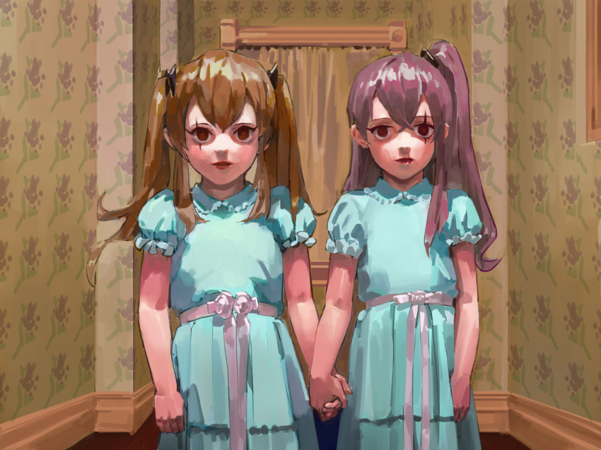 2girls blue_dress brown_hair dress girls_frontline grady_sisters_(the_shining) hairband hand_holding highres multiple_girls nazgul_(5511474) parody purple_hair red_eyes scar scar_across_eye siblings side_ponytail sisters the_shining twins twintails ump45_(girls_frontline) ump9_(girls_frontline)