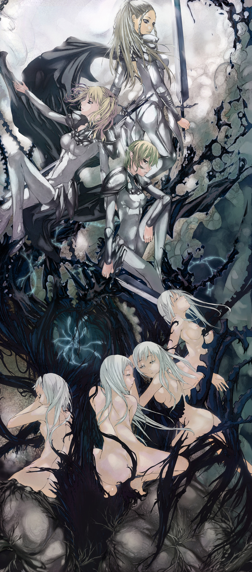 absurdres armor ass barefoot blonde_hair braid breasts cape cassandra_(claymore) claymore closed_eyes elf highres hysteria_(claymore) long_hair looking_back medium_breasts multiple_girls nipples nude nyami pointy_ears ponytail roxanne_(claymore) short_hair silver_eyes sitting smile stitches sword twintails weapon