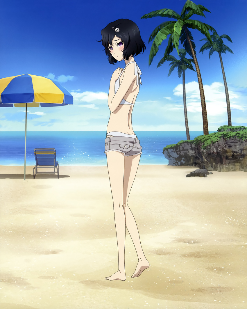 absurdres ass beach black_hair blush cloud cutoffs day dimples_of_venus flat_chest highres legs looking_back male_focus non-web_source ocean official_art otoko_no_ko outdoors parasol purple_eyes short_hair short_shorts shorts sky solo steins;gate umbrella urushibara_ruka water