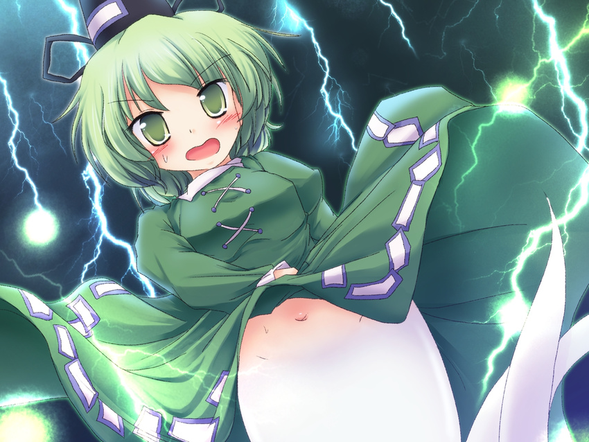 blush censored convenient_censoring dress dress_lift ghost_tail green_dress green_eyes green_hair hat highres lightning lzh navel short_hair soga_no_tojiko solo talisman touhou