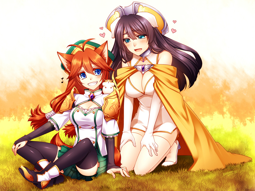 animal_ears black_legwear blue_eyes blush breasts bridal_gauntlets brown_hair cape cleavage elbow_gloves fox_ears fox_tail gloves grass green_eyes grin hamster hat heart highres kneeling konshin long_hair medium_breasts multiple_girls open_mouth original sitting skirt smile tail thighhighs white_gloves white_legwear