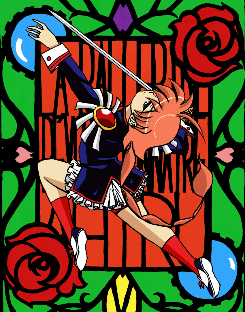 ahiru ahoge arched_back ballet bike_shorts blue_eyes cosplay drawfag epaulettes fabulous highres jewelry orange_hair ponytail princess_tutu ring school_uniform shoujo_kakumei_utena skirt socks solo sword tenjou_utena tenjou_utena_(cosplay) weapon wrist_cuffs