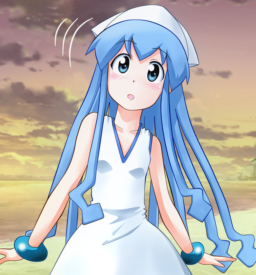 blue_eyes blue_hair dress hat highres ikamusume long_hair rokushaku_neko shinryaku!_ikamusume solo tentacle_hair