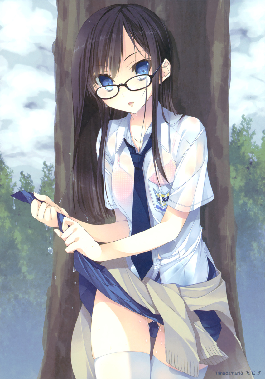 absurdres black-framed_eyewear black_hair blue_eyes bra clothes_around_waist copyright_request glasses highres katagiri_hinata lingerie long_hair looking_at_viewer necktie open_mouth pleated_skirt polka_dot polka_dot_bra school_uniform see-through skirt skirt_lift solo sweater sweater_around_waist thighhighs tree underwear wet wet_clothes white_legwear wringing_clothes wringing_skirt zettai_ryouiki