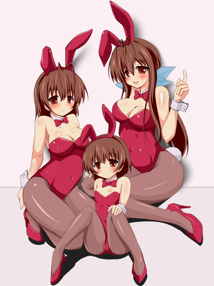 animal_ears beni-bana bow bowtie breasts brown_eyes brown_hair bunny_ears bunny_tail bunnysuit cameltoe clannad cleavage detached_collar furukawa_nagisa furukawa_sanae high_heels highres kneeling long_hair mature medium_breasts mother_and_daughter multiple_girls okazaki_ushio pantyhose ponytail short_hair tail wrist_cuffs