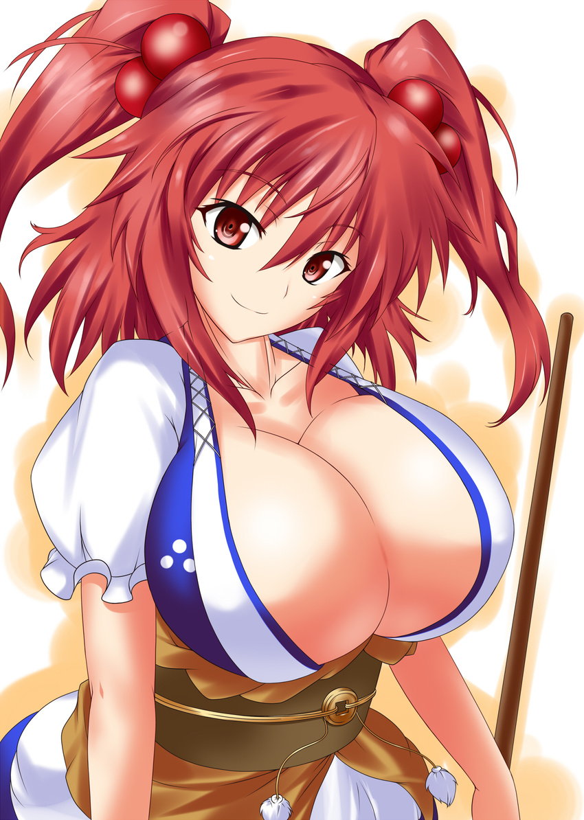 breasts cleavage hair_bobbles hair_ornament highres huge_breasts nishiumi_yuuta onozuka_komachi red_eyes red_hair solo touhou two_side_up