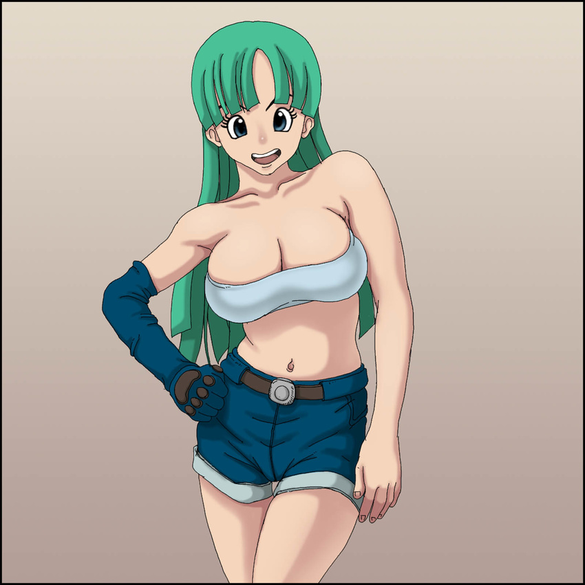 belt blue_eyes breasts bulma cleavage dragon_ball green_hair highres large_breasts long_hair looking_at_viewer navel open_mouth rapanda shorts solo standing