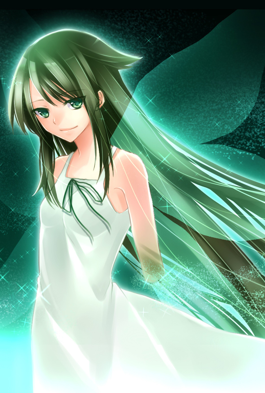 dress green_eyes green_hair highres long_hair saya saya_no_uta solo sundress wings zareuta