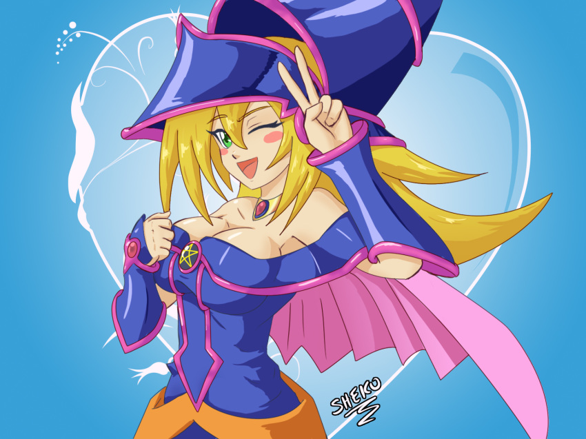 1girl ;d aqua_background bare_shoulders blonde_hair blue_background blue_dress blue_hat blush_stickers bracer breasts cape cleavage clenched_hand collarbone dark_magician_girl dress eyebrows_visible_through_hair female gem green_eyes hair_between_eyes hands_up happy hat heart heart_background highres jewelry large_breasts long_hair looking_at_viewer neck necklace off-shoulder_dress off_shoulder one_eye_closed open_mouth pink_cape ruby_(stone) shekosensei smile solo tongue v wink witch_hat yu-gi-oh!