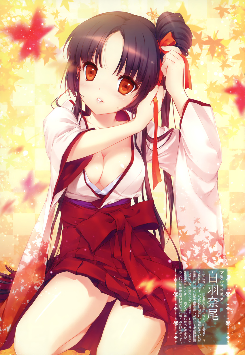 1girl absurdres adjusting_hair areola_slip areolae bangs black_hair breasts cleavage copyright_request hakama highres japanese_clothes kneeling large_breasts leaf leaf_background leaf_print lips long_hair miko no_bra open_clothes parted_bangs red_eyes ribbon shirahane_nao solo thighs tying_hair wide_sleeves
