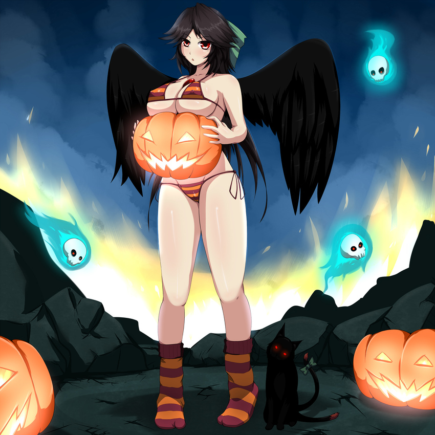 2radpersec absurdres bangs bikini black_hair black_wings blush body_blush breast_rest breasts cameltoe carried_breast_rest cat cleavage covered_nipples fire flaming_skull ghost halloween head_tilt highres hips kaenbyou_rin kaenbyou_rin_(cat) large_breasts legs looking_at_viewer micro_bikini parted_bangs pumpkin red_eyes reiuji_utsuho rock skull socks solo standing striped striped_bikini striped_legwear swimsuit touhou wings