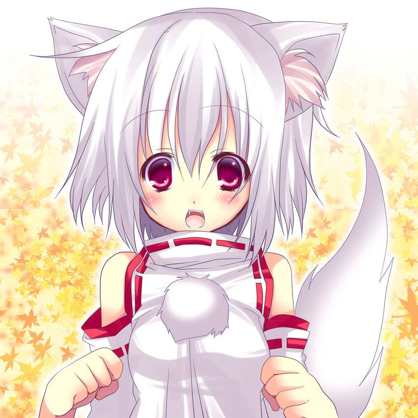 animal_ears autumn_leaves blush detached_sleeves highres hikanyan inubashiri_momiji no_hat no_headwear open_mouth red_eyes shirt short_hair silver_hair solo tail touhou upper_body wolf_ears wolf_tail