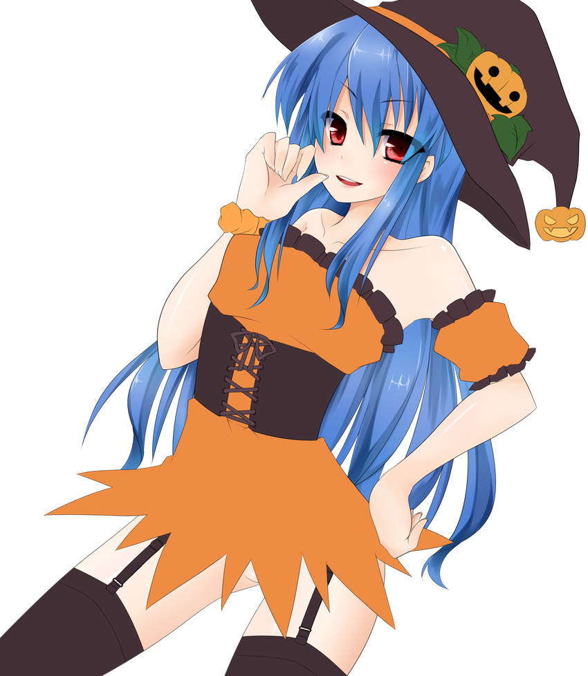 alternate_costume bad_id bad_pixiv_id bare_shoulders blue_hair halloween hat highres hinanawi_tenshi long_hair no_panties red_eyes solo touhou witch_hat yami_nabe