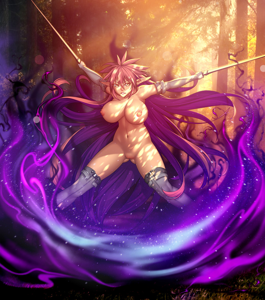 1girl breasts dual_wielding elbow_gloves elf gloves highres holding long_hair looking_at_viewer lucknight magic navel nipples nude original pointy_ears purple_hair pussy solo sword thighhighs tree uncensored very_long_hair weapon yellow_eyes