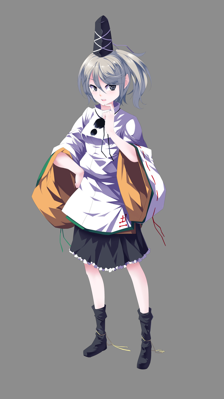 absurdres grey_eyes hat highres huangquan_dong_(sinchi) japanese_clothes kariginu mononobe_no_futo side_ponytail silver_hair solo tate_eboshi touhou