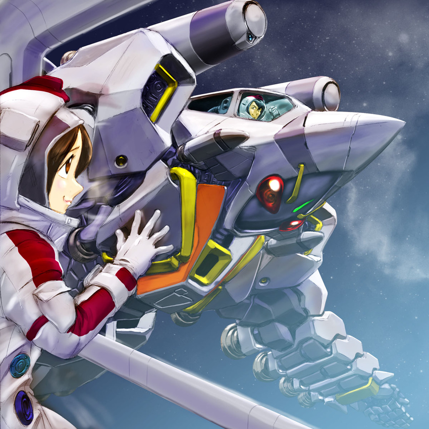 1girl black_hair brown_eyes brown_hair cockpit crossover galaxy gloves helmet highres hoshi_no_koe igunuk joujima_yuuki kamen_rider kamen_rider_fourze kamen_rider_fourze_(series) kisaragi_gentarou mecha science_fiction space space_craft spacesuit star_(sky) window