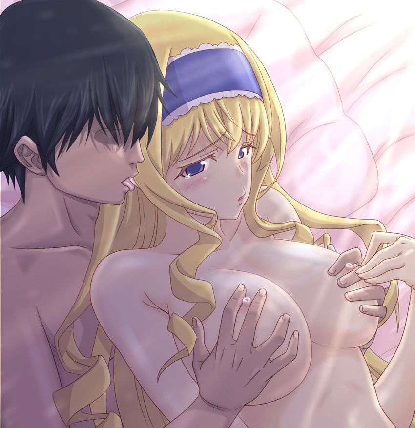appurin bed blonde_hair blue_eyes blush breast_grab breasts cecilia_alcott grabbing highres infinite_stratos large_breasts licking nipples nude