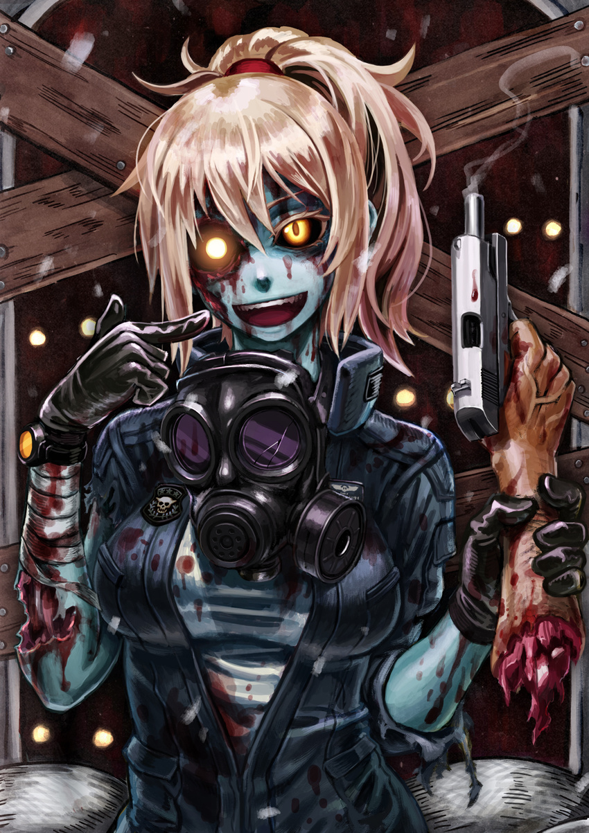 bandages black_sclera blonde_hair blood blue_skin call_of_duty call_of_duty:_black_ops evil_smile gas_mask gloves glowing glowing_eyes gun guro handgun highres locked_slide monster_girl open_mouth ponytail severed_hand smile smoke smoking_gun solo tony_(chikaku_kabin) watch weapon yellow_eyes zombie