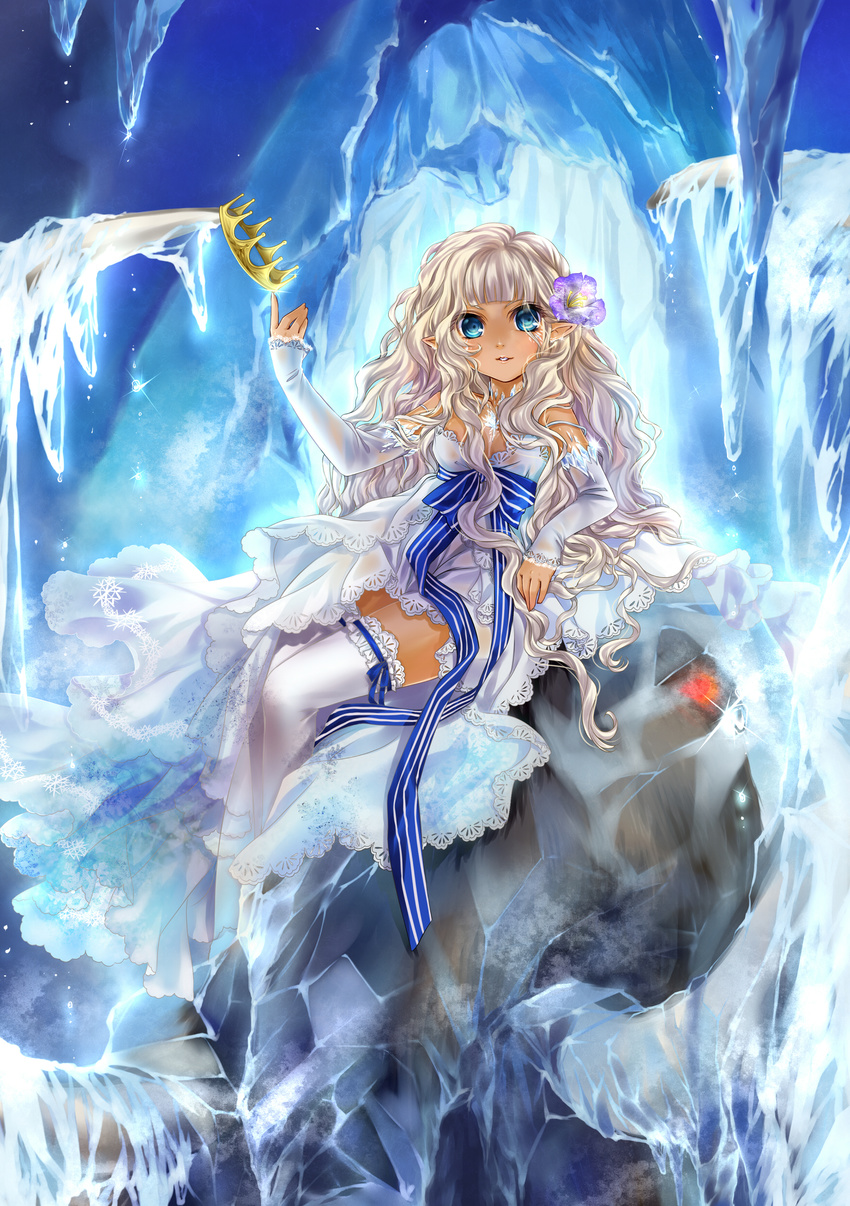 absurdres blue_eyes cave crown detached_sleeves dress elf flower frozen hair_flower hair_ornament highres ice icicle kingchenxi original pointy_ears ribbon sitting sleeves_past_wrists solo thighhighs tusks white_hair white_legwear