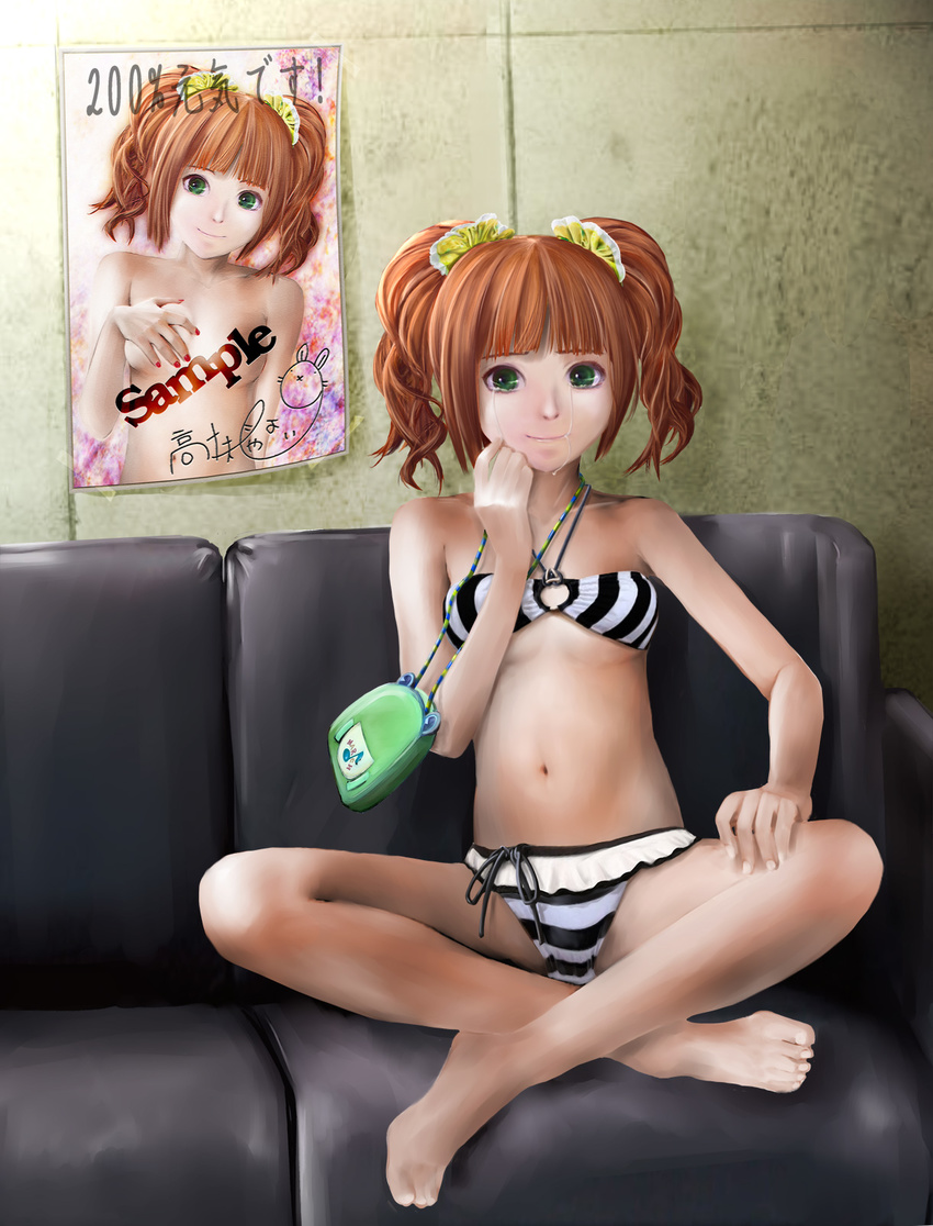 bare_shoulders bikini brown_hair couch green_eyes highres idolmaster idolmaster_(classic) looking_at_viewer navel nude poster_(object) pouch scrunchie sitting smile solo striped striped_bikini swimsuit takatsuki_yayoi tears twintails zi-dabu