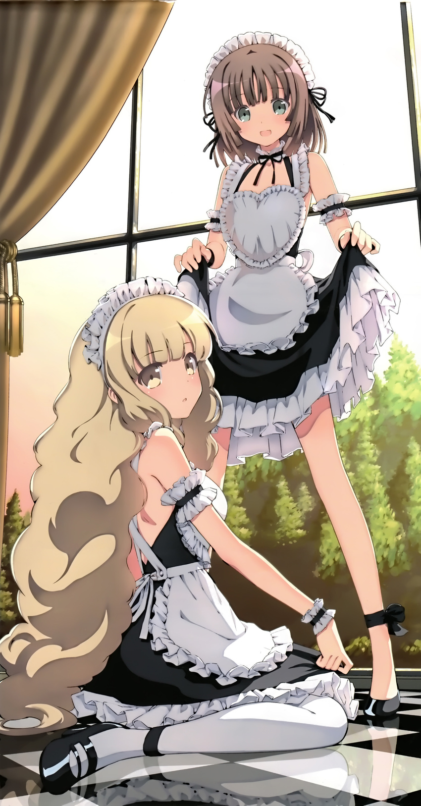 :d absurdres apron arm_garter blonde_hair bou breasts brown_hair checkered checkered_floor copyright_request curtains detached_collar flat_chest green_eyes high_heels highres long_hair long_legs maid maid_headdress medium_breasts multiple_girls open_mouth pantyhose reflection reflective_floor shoes short_hair sitting skirt_hold smile standing wariza white_legwear wrist_cuffs yellow_eyes