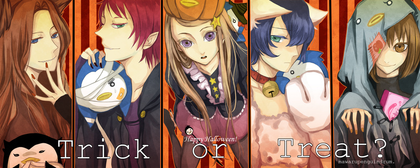 3girls animal_ears bad_id bad_pixiv_id bird blue_eyes blue_hair brown_eyes brown_hair diary esmeralda_(mawaru_penguindrum) green_eyes halloween happy_halloween hat highres mawaru_penguindrum multiple_boys multiple_girls natsume_masako oginome_ringo penguin_1-gou penguin_2-gou penguin_3-gou pumpkin purple_eyes red_hair siblings sorakooo takakura_himari takakura_kanba takakura_shouma trick_or_treat witch_hat