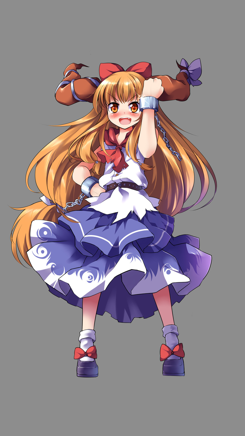 absurdres blush bow brown_eyes brown_hair chain cuffs dress drunk grey_background hair_bow hand_on_hip highres horns huangquan_dong_(sinchi) ibuki_suika long_hair open_mouth simple_background solo touhou