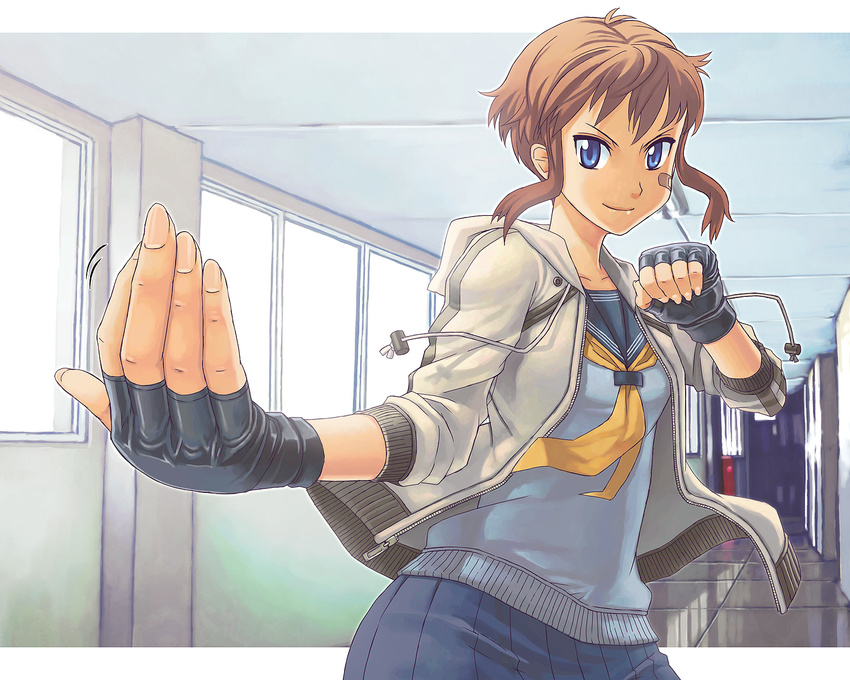 bandaid beckoning blue_eyes brown_hair fighting_stance fingerless_gloves fingernails foreshortening gloves hallway hands highres hood hood_down hoodie itou_(onsoku_tassha) looking_at_viewer original reflective_floor school school_uniform serafuku short_hair sleeves_pushed_up smile solo taunting