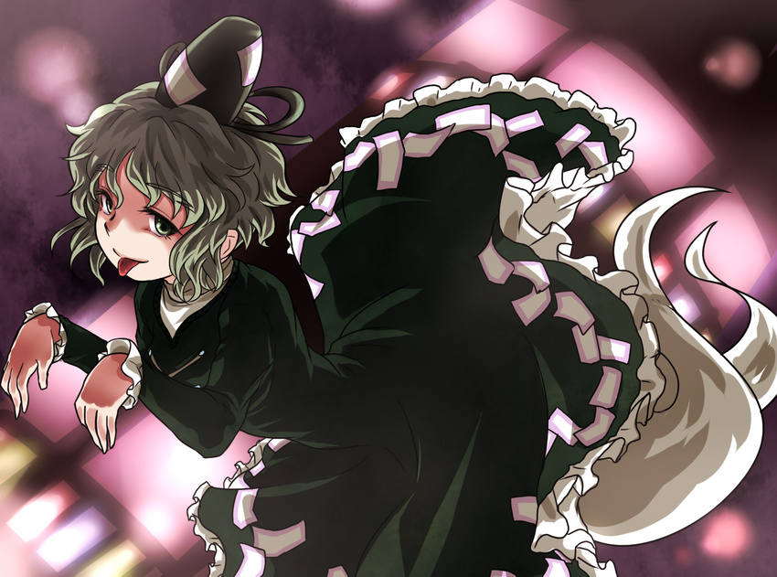 :p dress ghost_tail green_dress green_eyes green_hair hat long_sleeves multiple_tails mutsuki_(tsugaidanuki) short_hair soga_no_tojiko solo tail tate_eboshi tongue tongue_out touhou