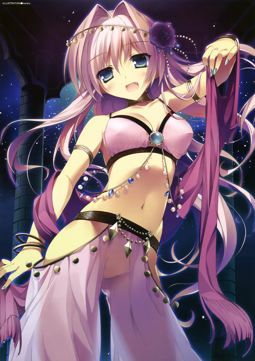 absurdres armlet bracelet breasts copyright_request fang flower grey_eyes hair_flower hair_ornament harem_pants highres jewelry karory long_hair medium_breasts midriff nail_polish navel night no_panties open_mouth pants pink_hair sash see-through sky solo star_(sky) starry_sky
