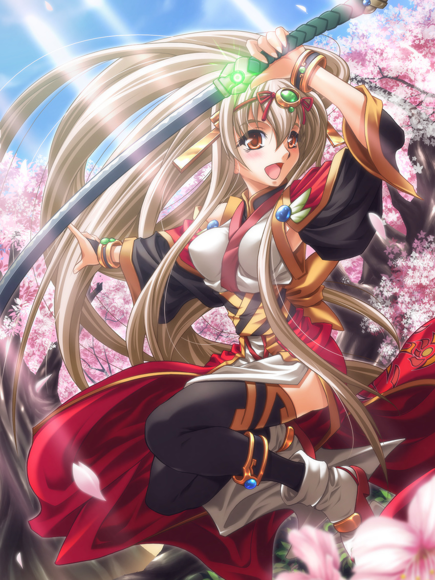 armpits bracelet cherry_blossoms highres jewelry long_hair mo-ai original solo sword thighhighs tree weapon