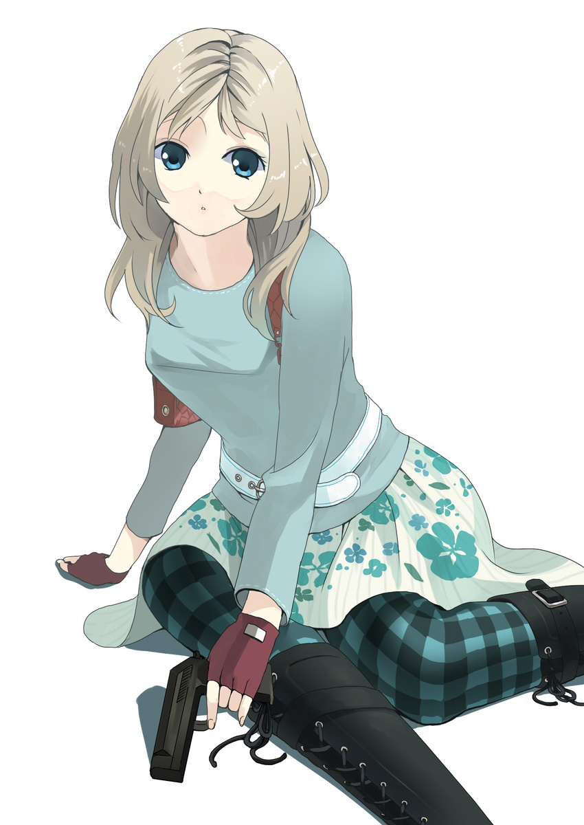 bad_id bad_pixiv_id black_footwear blonde_hair blue_eyes blue_legwear boots end_of_eternity fingerless_gloves gloves gun handgun highres pantyhose plaid plaid_legwear reanbell shiohi short_hair skirt solo weapon