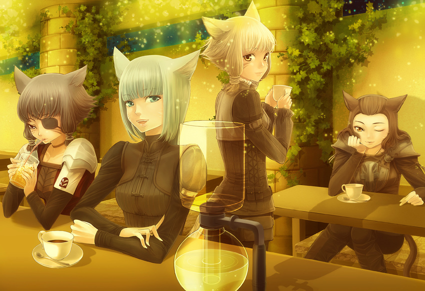 animal_ears armor breastplate cat_ears cat_tail cup drinking drinking_straw eyepatch facial_mark final_fantasy final_fantasy_xiv looking_at_viewer miqo'te multiple_girls one_eye_closed short_hair sitting smile table tail takatsuki_kahiro teacup