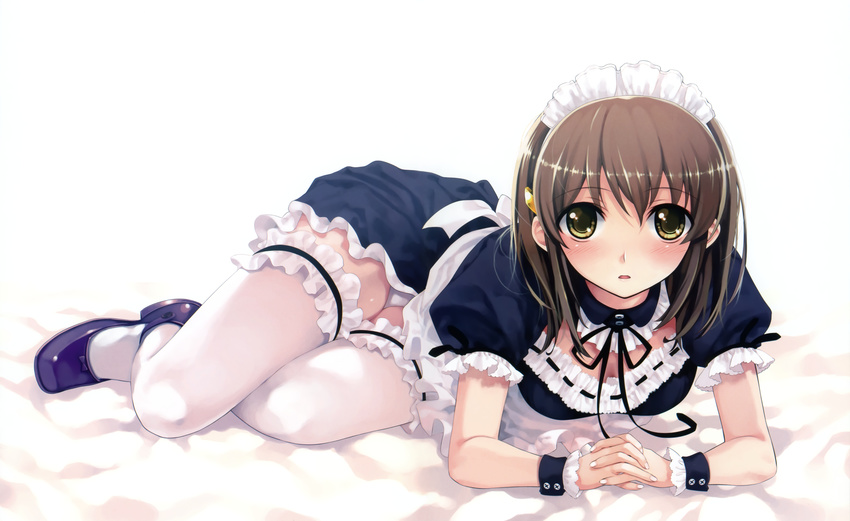 :o absurdres apron bangs bed blush breasts brown_hair cleavage cleavage_cutout detached_collar downblouse dress embarrassed frills garters hair_ornament hairclip hands_clasped highres legs looking_at_viewer lying maid maid_headdress medium_breasts misaki_kurehito official_art on_side open_mouth own_hands_together panties pantyshot pantyshot_(lying) ribbon sash scan shiny shiny_hair shoes short_dress short_hair solo suiheisen_made_nan_mile? surprised thighhighs tsuyazaki_kokage underwear white_legwear white_panties wrist_cuffs yellow_eyes