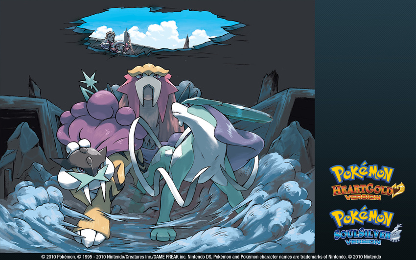 1boy 1girl company_name copyright_name dust entei gen_2_pokemon hat highres hole kotone_(pokemon) logo minaki_(pokemon) official_art pokemon pokemon_(creature) pokemon_(game) pokemon_hgss raikou rubble sky sugimori_ken suicune wallpaper watermark