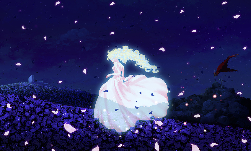 cloud_hair dress flower ghost grave long_hair makishi_yaichi nia_teppelin night pink_dress planted_sword planted_weapon solo sword tengen_toppa_gurren_lagann weapon