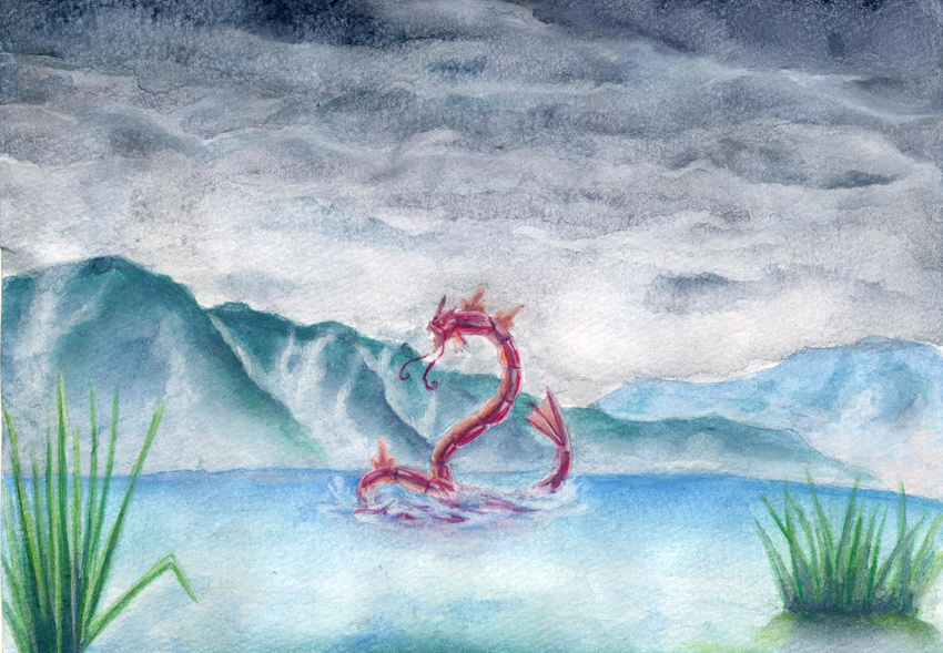 gen_1_pokemon gyarados highres kotsuga lake mountain nature no_humans pokemon pokemon_(creature) shiny_pokemon traditional_media watercolor_(medium)