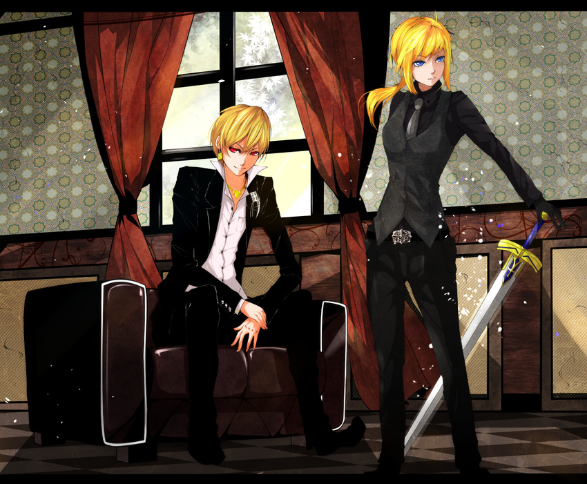 1boy 1girl artoria_pendragon_(fate) blonde_hair commentary_request earrings excalibur_(fate/stay_night) fate/stay_night fate/zero fate_(series) formal gilgamesh_(fate) gilgamesh_(immoral_biker_jacket)_(fate) green_eyes jewelry necklace official_alternate_costume pant_suit pants ponytail red_eyes saber_(fate) sakura_shounen_(hiroz) suit sword vest waistcoat weapon window