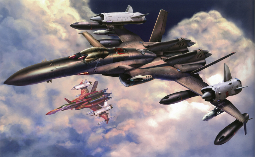 anti-u.n. canards cloud cockpit d.d._ivanov flying helmet highres macross macross_zero mecha missile no_humans non-web_source nora_polyansky official_art pilot_suit rocket scan science_fiction sv-51 tenjin_hidetaka variable_fighter