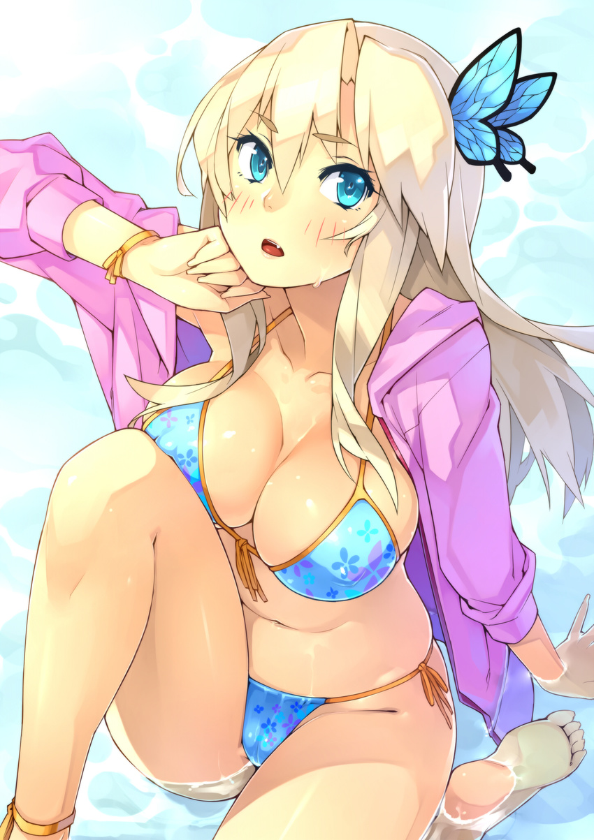 23_(real_xxiii) anklet arm_support barefoot bikini blonde_hair blue_bikini blue_eyes blush boku_wa_tomodachi_ga_sukunai breasts butterfly_hair_ornament cleavage collarbone covered_nipples fang feet front-tie_top hair_ornament highres hood hooded_jacket jacket jewelry kashiwazaki_sena large_breasts long_hair navel open_mouth partially_submerged print_bikini side-tie_bikini sitting sleeves_pushed_up soles solo swimsuit water